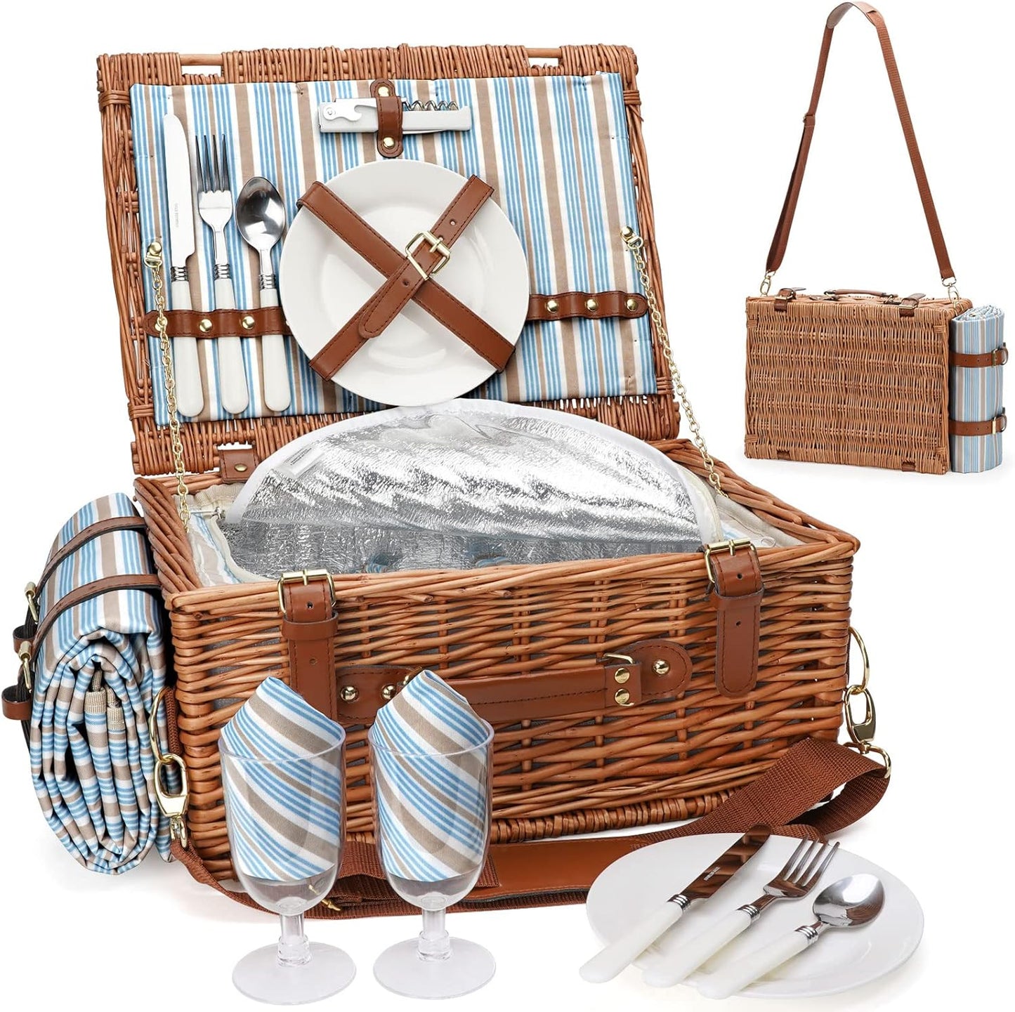 HappyPicnic Wicker Picnic Basket Set for 4 Persons | Large Willow Hamper with Large Insulated Cooler Compartment, Waterproof Blanket and Cutlery Service Kit-Classical Brown