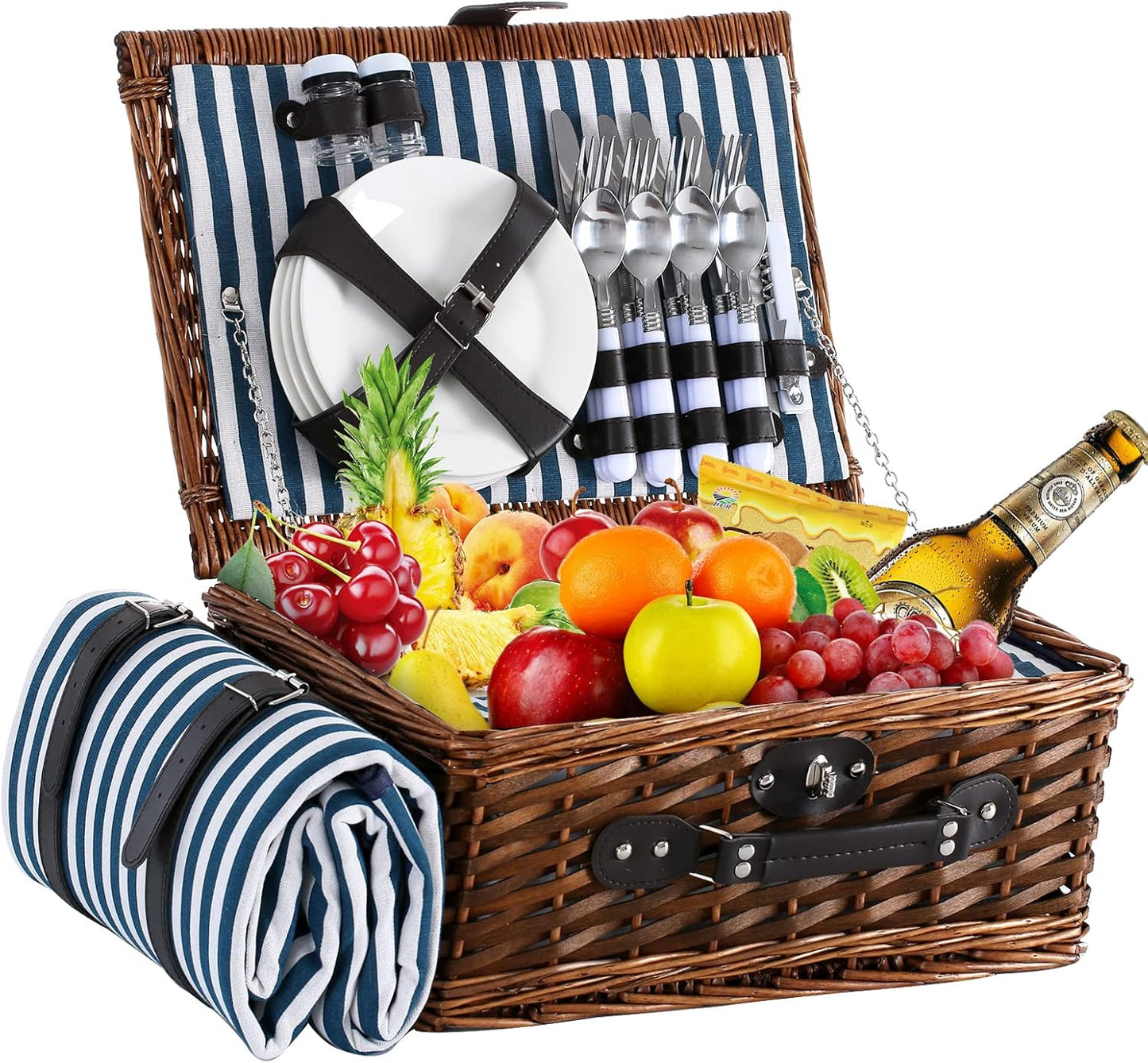 Picnic Basket for 4 Persons with Waterproof Picnic Blanket and Insulated Cooler, Large Wicker Picnic Basket for Camping, Outdoors, Valentine's Day, Christmas, Birthday, Wedding Gift