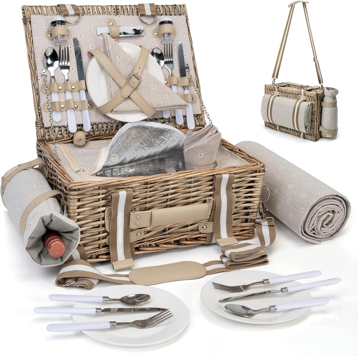 19Pcs Picnic Basket for 2 with Insulated Liner and Waterproof Picnic Blanket Wine Pouch, Large Wicker Picnic Hamper for Camping,Outdoor,Valentine Christmas for Couples