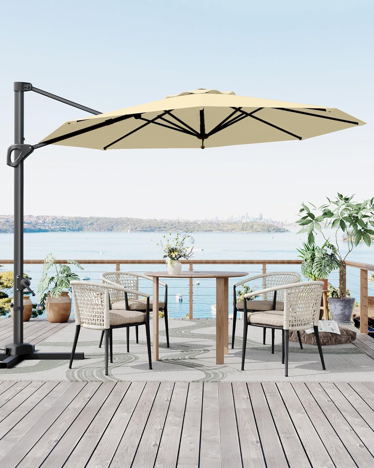 GarveeLife 10FT Cantilever Umbrella Outdoor Patio Umbrella w/Base Included Market Offset Umbrella Sun Shade Windproof with 360-Degree Rotation for Patio Garden Deck Pool, Beige