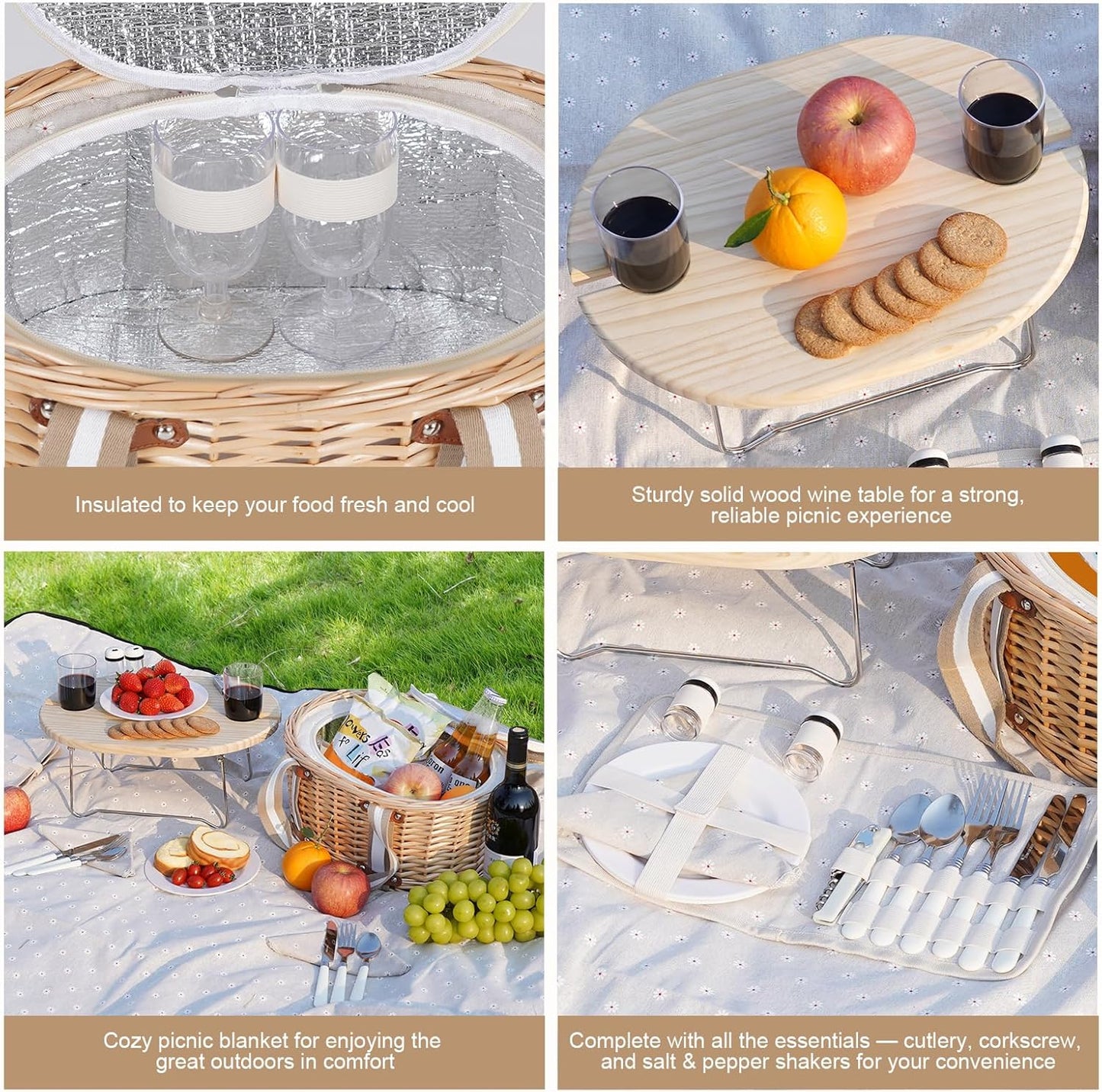 Picnic Basket Set for 2 - Wicker Insulated Picnic Basket with Waterproof Blanket, Folding Wine Picnic Table & Cutlery Kits, Picnic Baskets Kit for Camping, Outdoor, Valentine (White Flower)