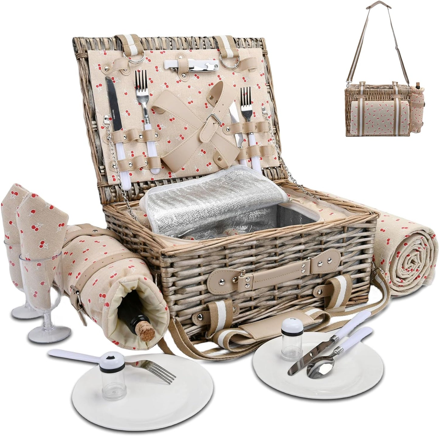 19Pcs Picnic Basket for 2 with Insulated Liner and Waterproof Picnic Blanket Wine Pouch, Large Wicker Picnic Hamper for Camping,Outdoor,Valentine Christmas for Couples