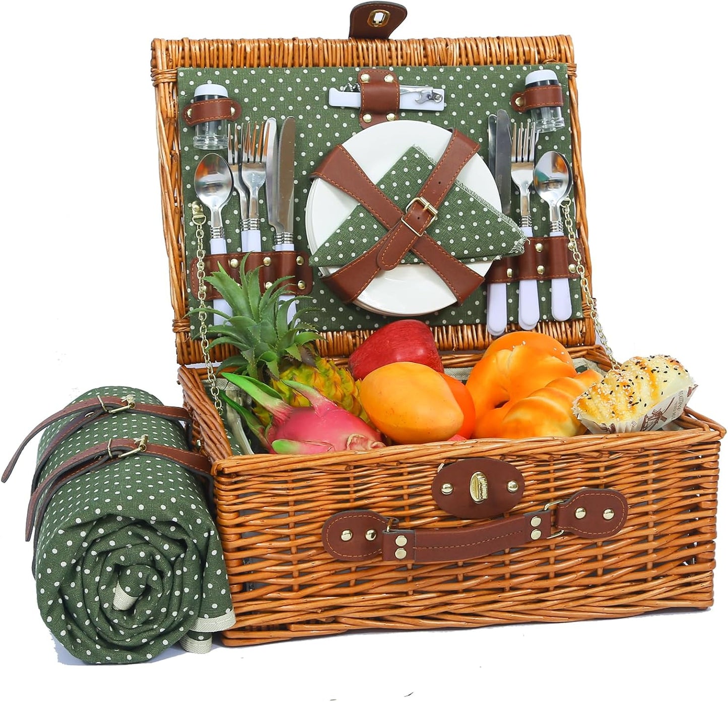 Picnic Basket for 4 Persons with Waterproof Picnic Blanket and Insulated Cooler, Large Wicker Picnic Basket for Camping, Outdoors, Valentine's Day, Christmas, Birthday, Wedding Gift
