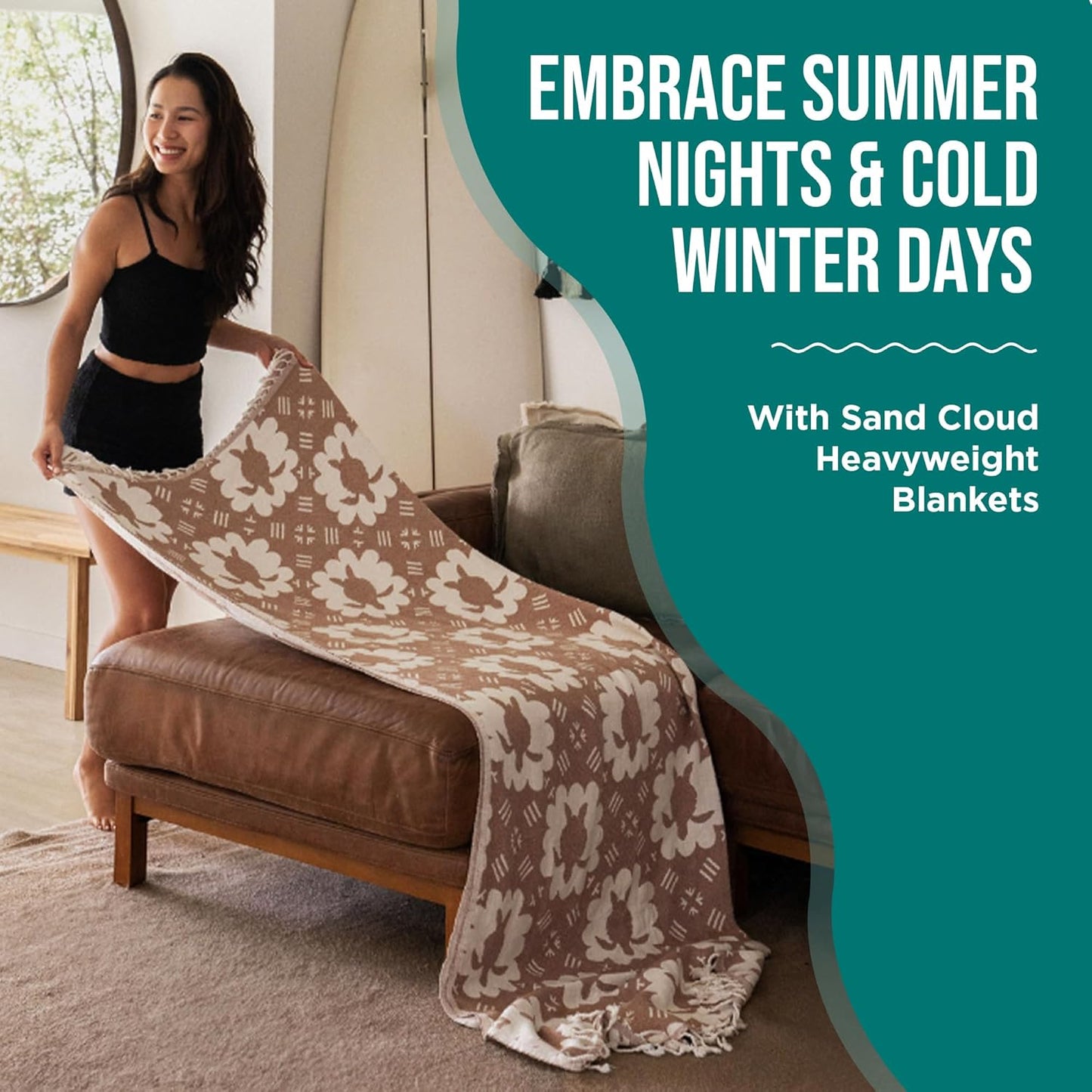 Sand Cloud Throw Blanket for Bed & Couch (Taupe) - 100% Turkish Organic Cotton & Jacquard Weave with Twisted Tassels - Heavy Weight, Soft & Cozy Beach & Throw Blankets - 57" x 76" - Caretta Turtle