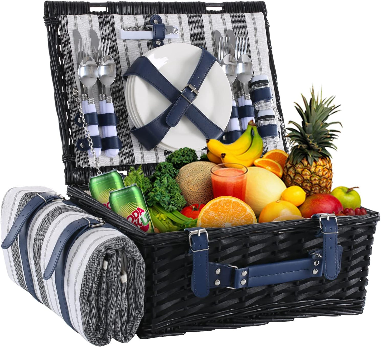 Picnic Basket for 4 Persons with Waterproof Picnic Blanket and Insulated Cooler, Large Wicker Picnic Basket for Camping, Outdoors, Valentine's Day, Christmas, Birthday, Wedding Gift
