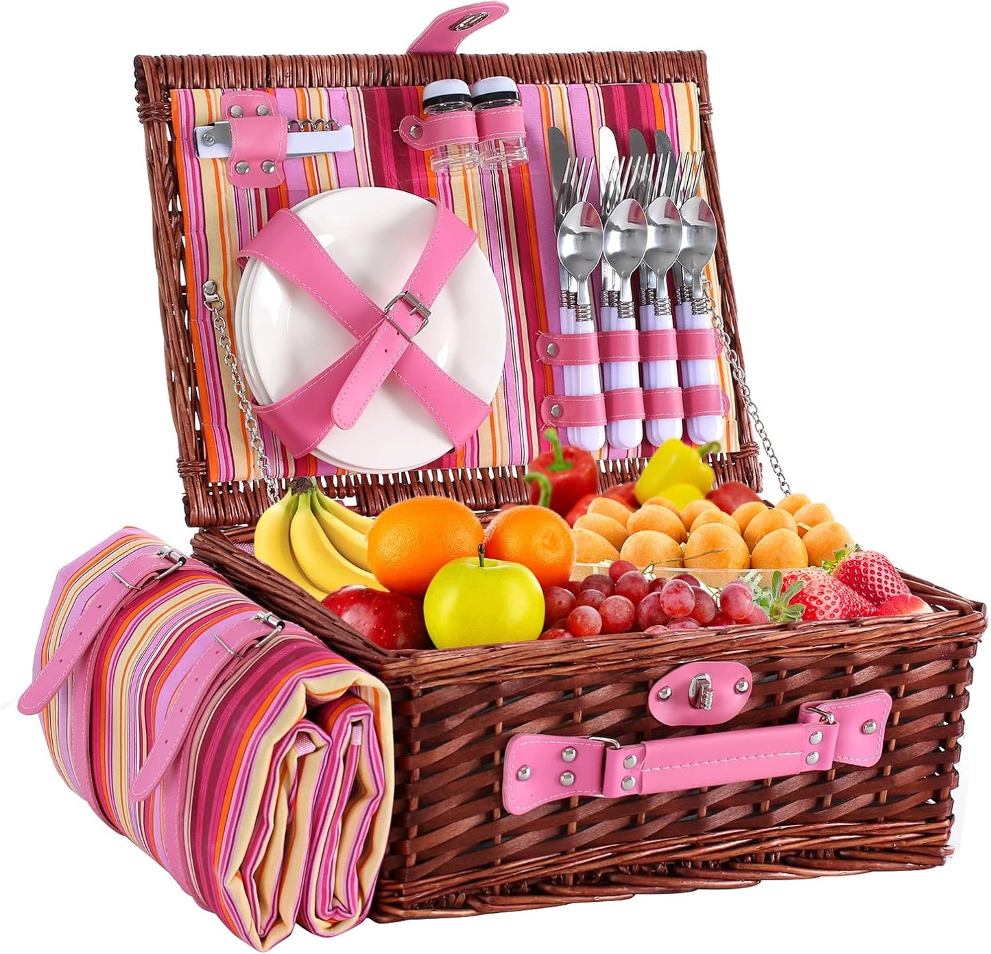 Picnic Basket for 4 Persons with Waterproof Picnic Blanket and Insulated Cooler, Large Wicker Picnic Basket for Camping, Outdoors, Valentine's Day, Christmas, Birthday, Wedding Gift
