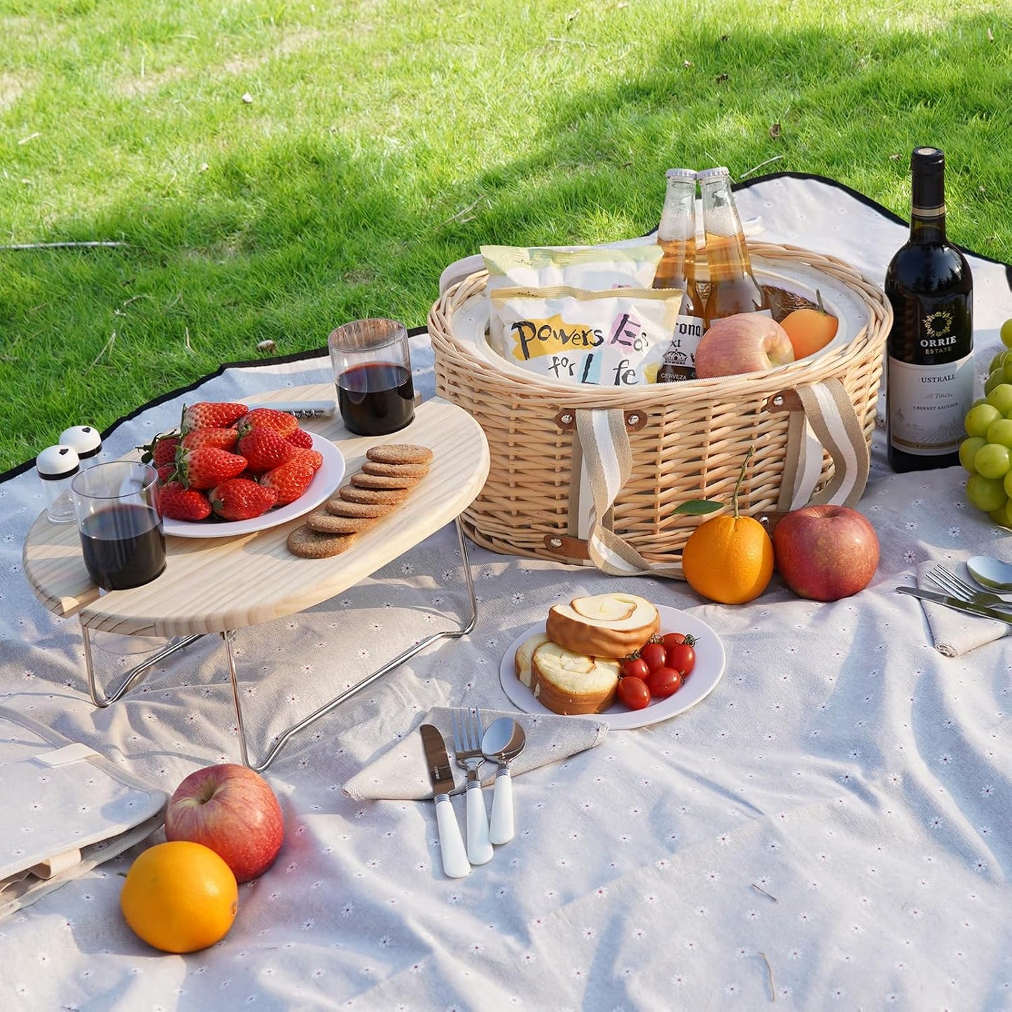 Picnic Basket Set for 2 - Wicker Insulated Picnic Basket with Waterproof Blanket, Folding Wine Picnic Table & Cutlery Kits, Picnic Baskets Kit for Camping, Outdoor, Valentine (White Flower)
