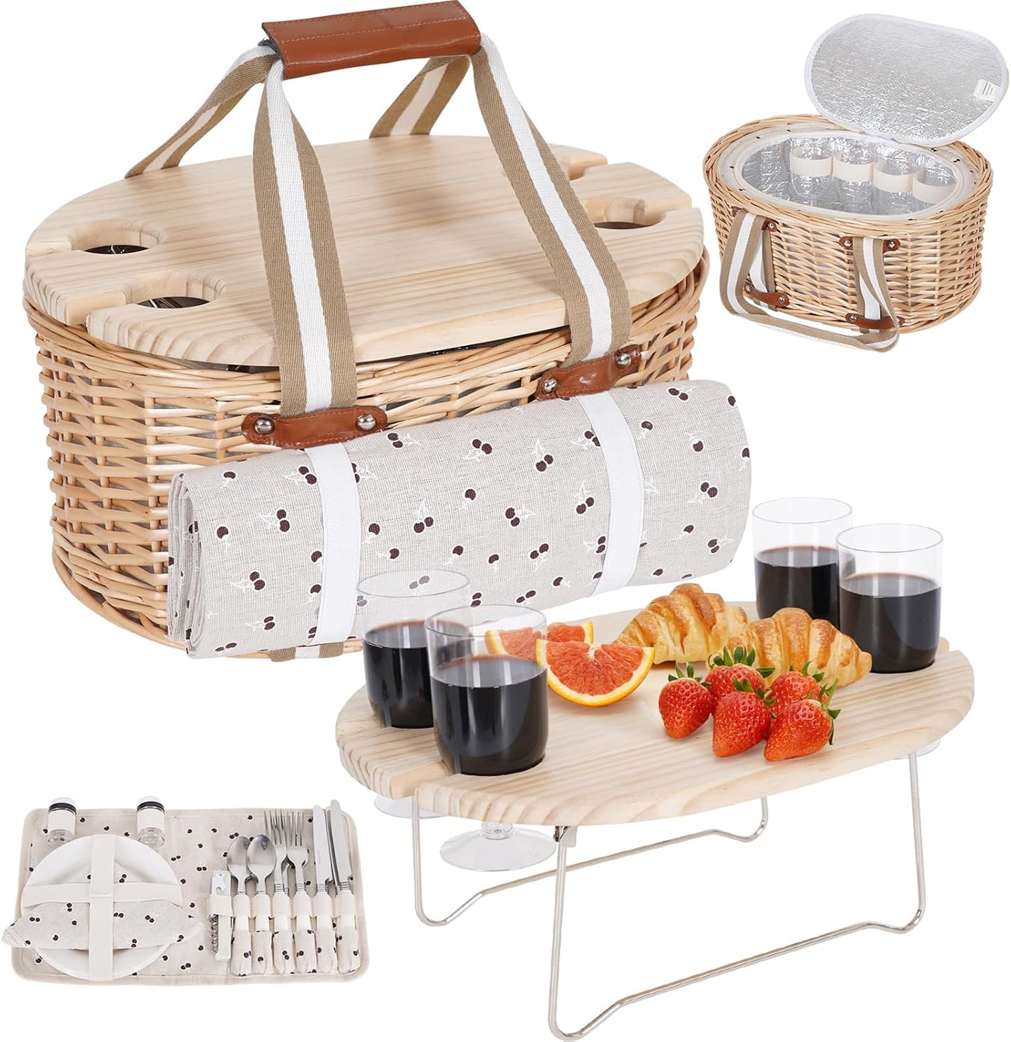 Picnic Basket Set for 2 - Wicker Insulated Picnic Basket with Waterproof Blanket, Folding Wine Picnic Table & Cutlery Kits, Picnic Baskets Kit for Camping, Outdoor, Valentine (White Flower)