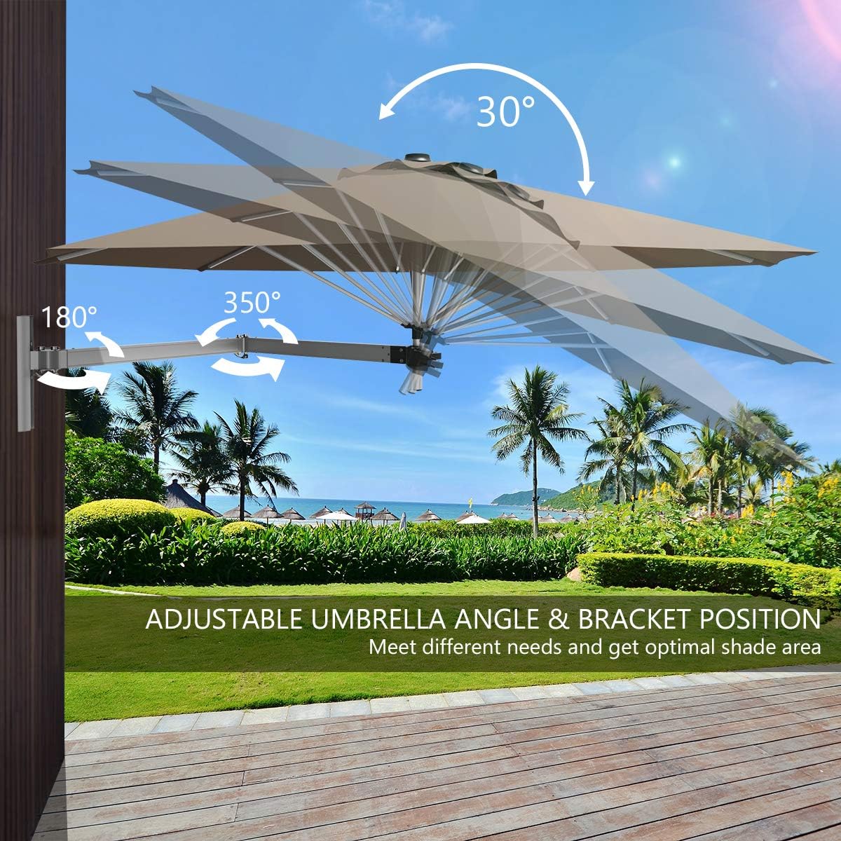 Tangkula 8 FT Wall Mounted Patio Umbrella, Outdoor Wall Umbrella with Adjustable Pole, Tilting Sunshade Umbrella with Wind Vent, Ideal for Garden Balcony Yard (Tan)