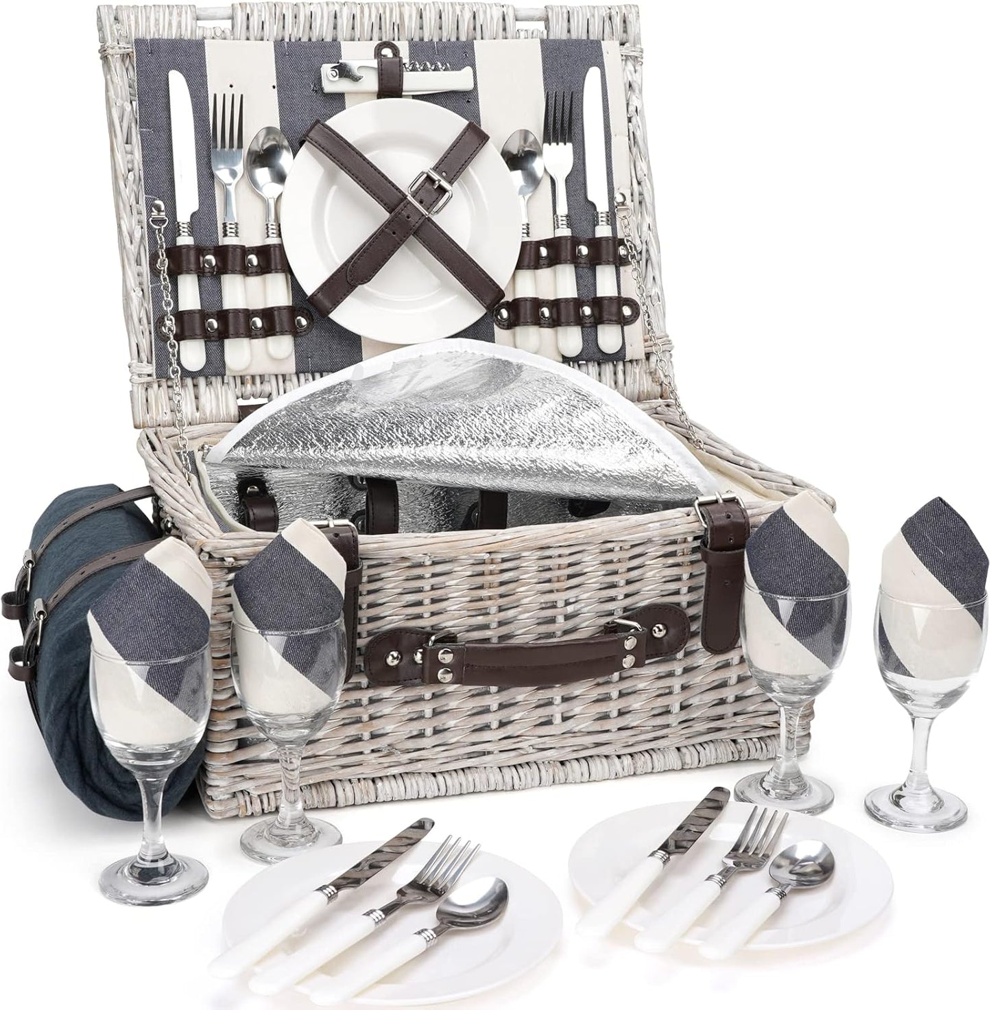 HappyPicnic Wicker Picnic Basket Set for 4 Persons | Large Willow Hamper with Large Insulated Cooler Compartment, Waterproof Blanket and Cutlery Service Kit-Classical Brown