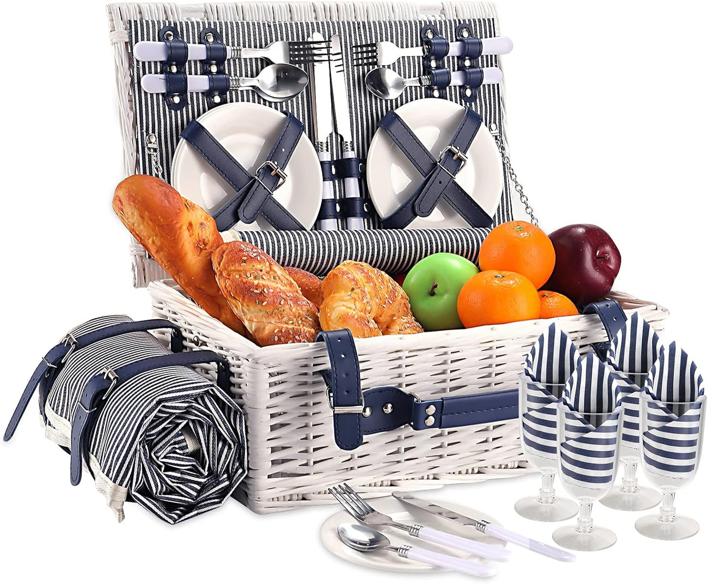 Picnic Basket for 4 Persons with Waterproof Picnic Blanket and Insulated Cooler, Large Wicker Picnic Basket for Camping, Outdoors, Valentine's Day, Christmas, Birthday, Wedding Gift