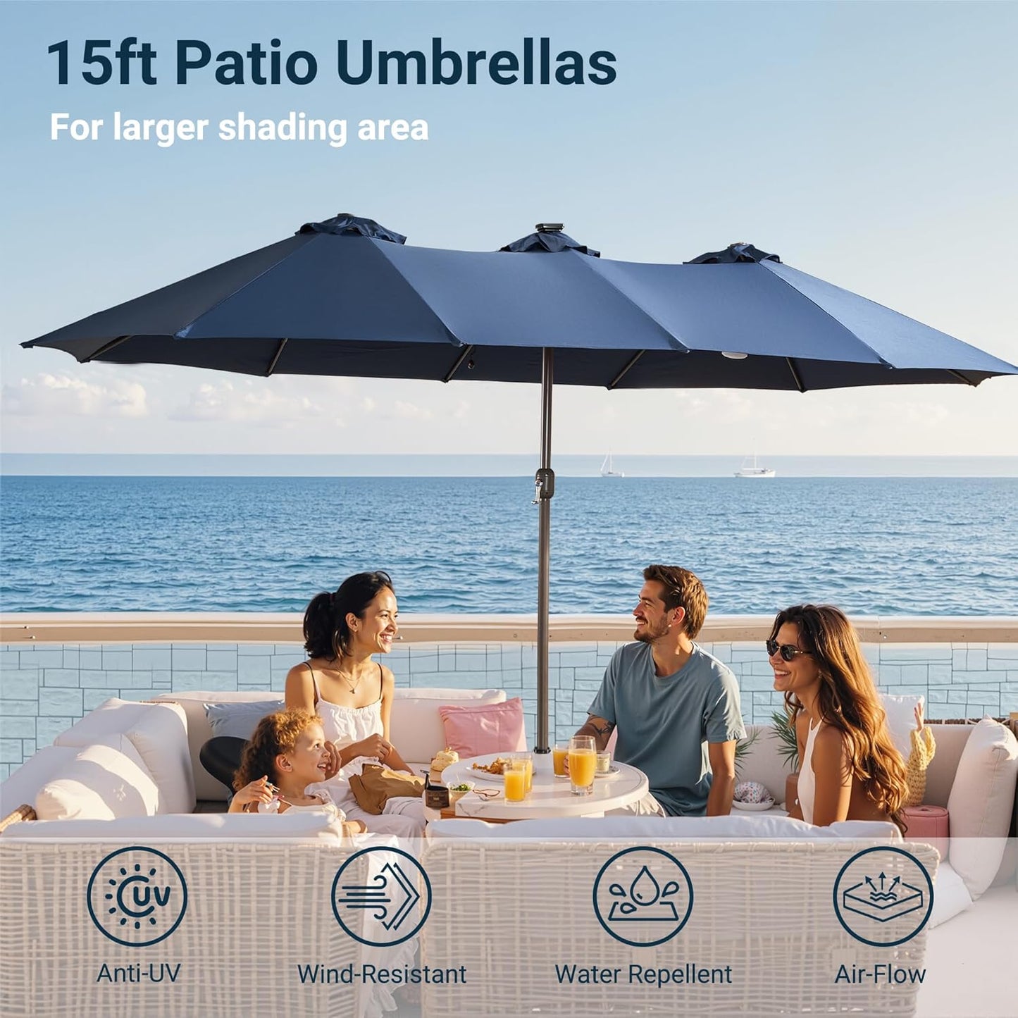 HOOOWOOO Outdoor Patio Umbrella With Solar Light,15 Ft Large Beach Umbrella,UV Protection Picnic Market Parasol Sunshade W Base Crank Handle For Backyard Deck Pool Shade