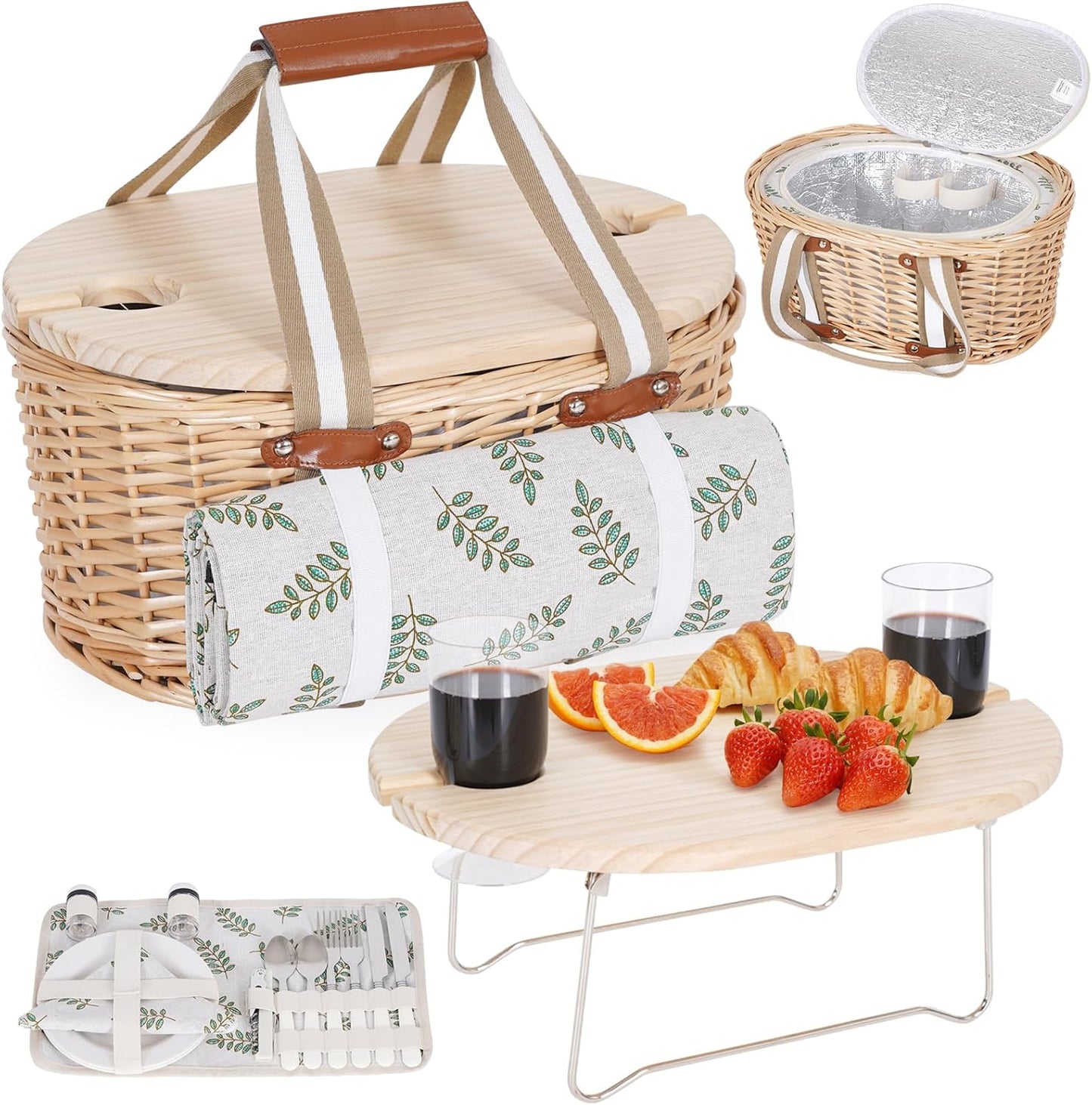 Picnic Basket Set for 2 - Wicker Insulated Picnic Basket with Waterproof Blanket, Folding Wine Picnic Table & Cutlery Kits, Picnic Baskets Kit for Camping, Outdoor, Valentine (White Flower)