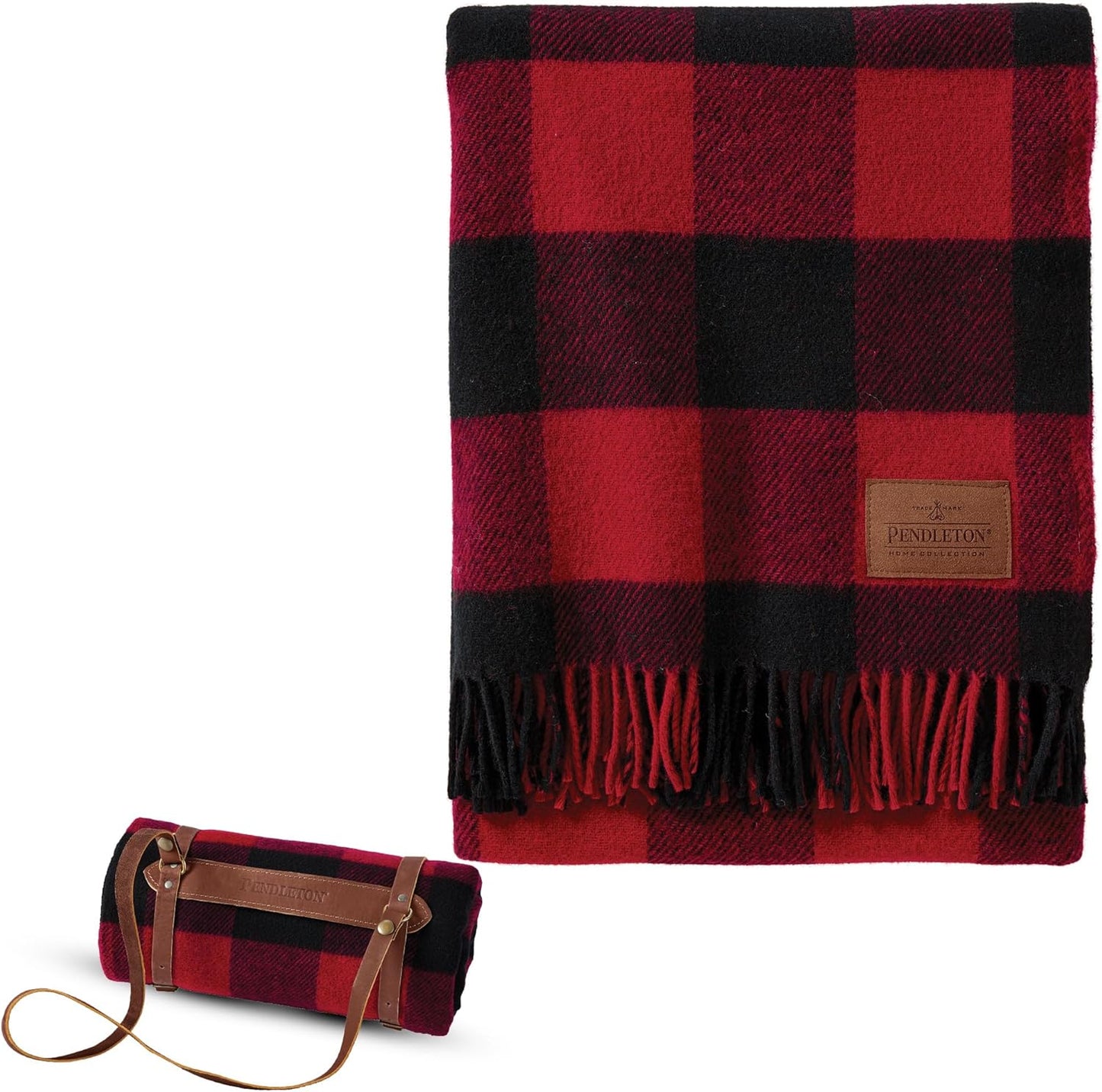 Pendleton Wool Blanket - Camping Blanket with Leather Strap Carrier - Plaid, Soft, Virgin Wool, Backpacking Blanket for Warmth and Comfort, Outdoor Adventures, Travel, Picnics, and Cozy Home Comfort