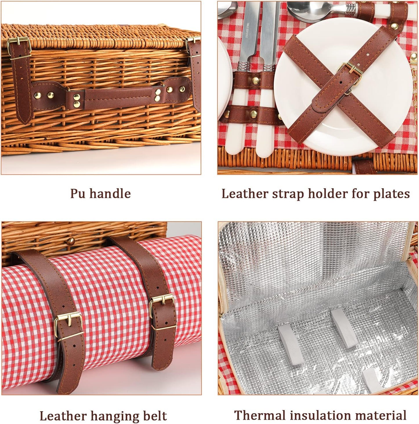 Picnic Basket for 4 Persons with Waterproof Picnic Blanket and Insulated Cooler, Large Wicker Picnic Basket for Camping, Outdoors, Valentine's Day, Christmas, Birthday, Wedding Gift