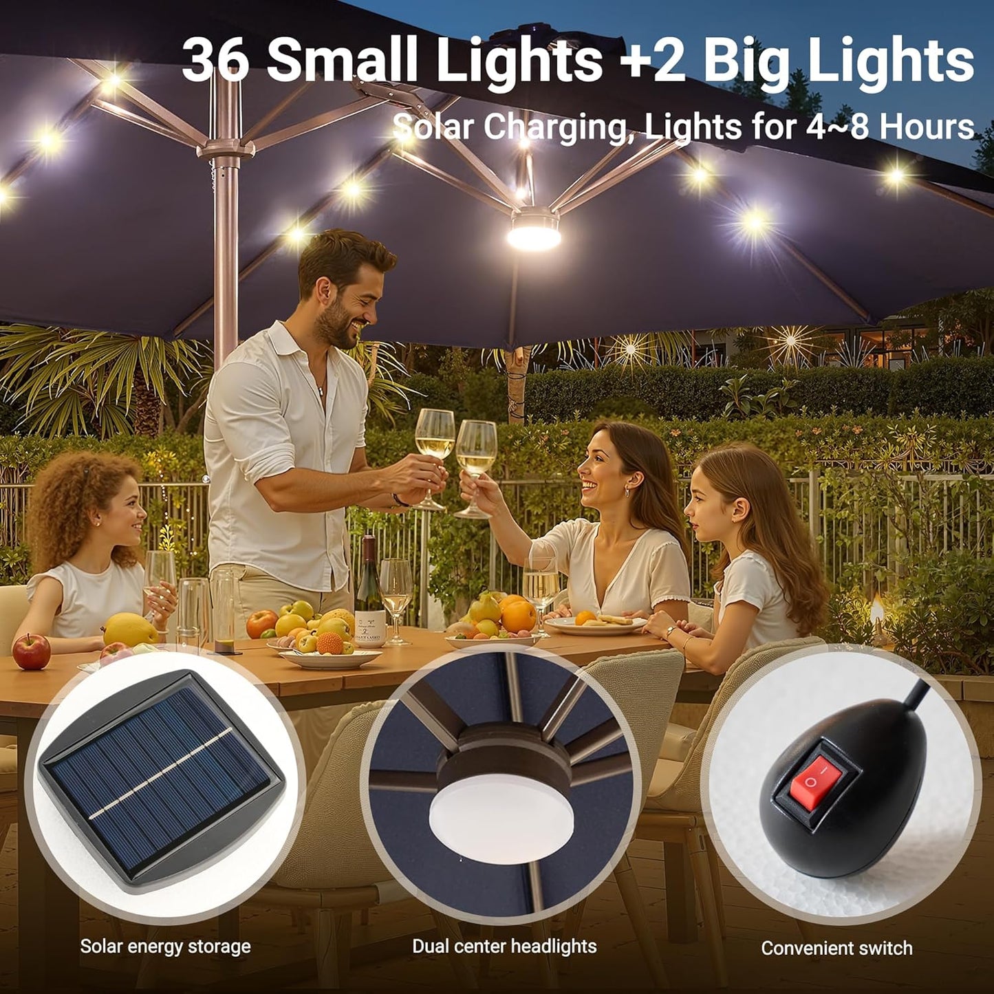 HOOOWOOO Outdoor Patio Umbrella With Solar Light,15 Ft Large Beach Umbrella,UV Protection Picnic Market Parasol Sunshade W Base Crank Handle For Backyard Deck Pool Shade