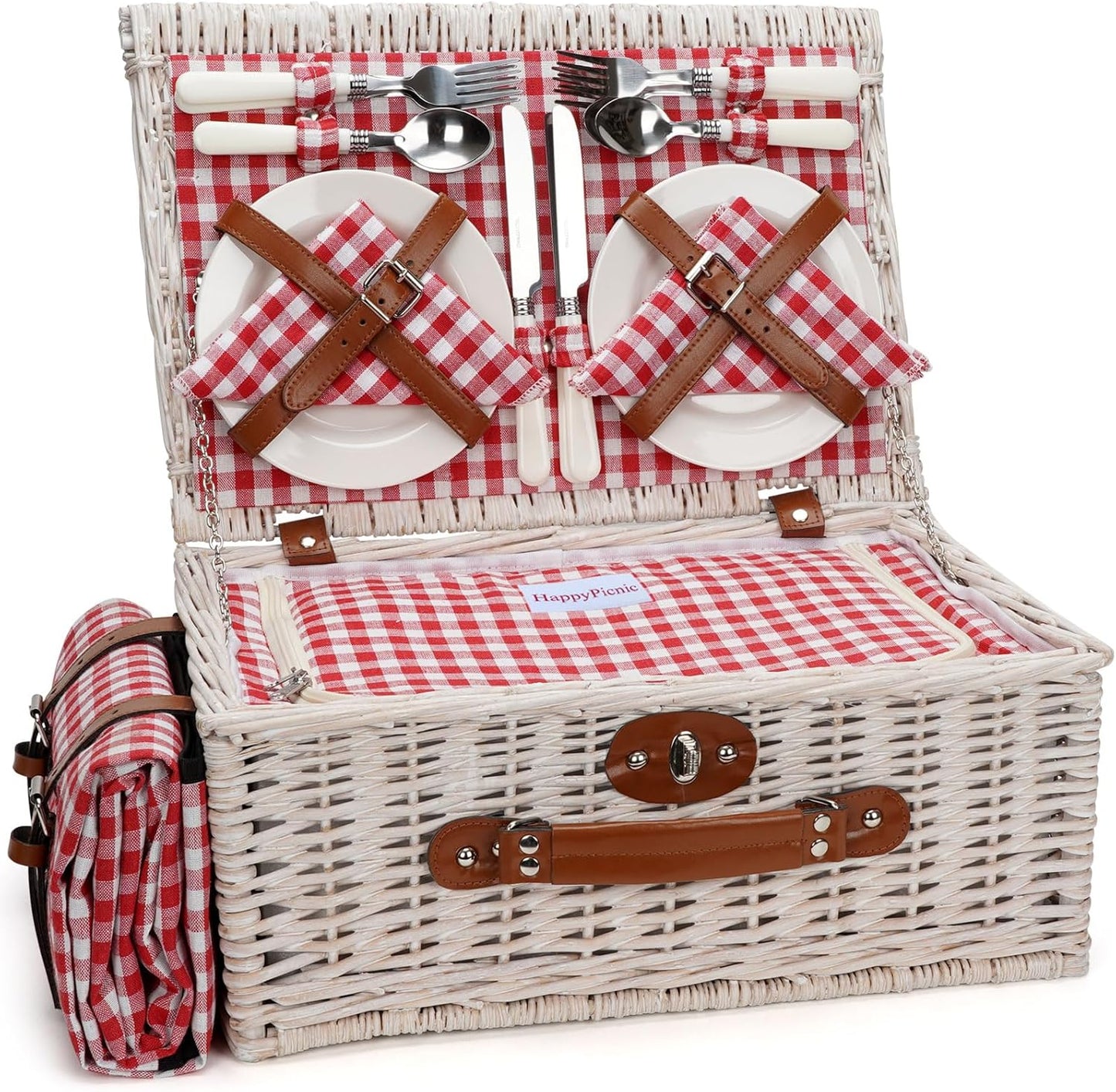 HappyPicnic Wicker Picnic Basket Set for 4 Persons | Large Willow Hamper with Large Insulated Cooler Compartment, Waterproof Blanket and Cutlery Service Kit-Classical Brown