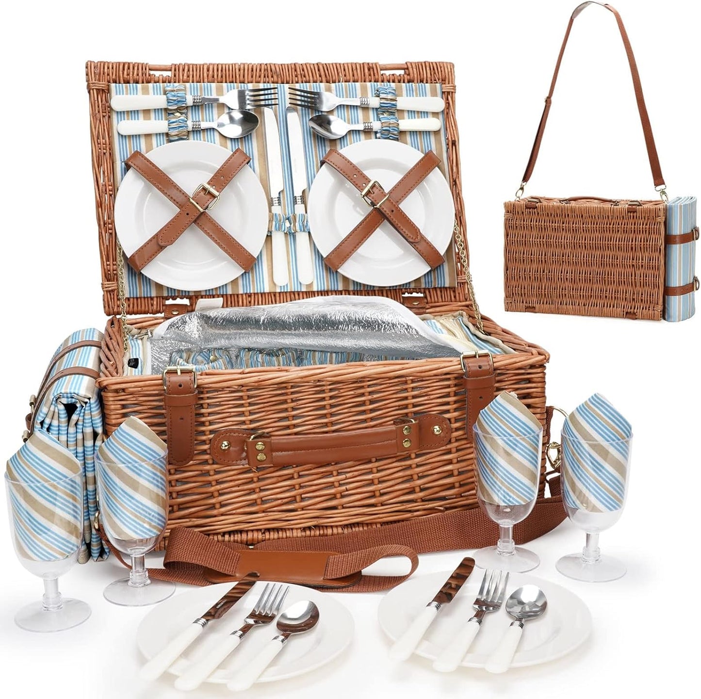 HappyPicnic Wicker Picnic Basket Set for 4 Persons | Large Willow Hamper with Large Insulated Cooler Compartment, Waterproof Blanket and Cutlery Service Kit-Classical Brown