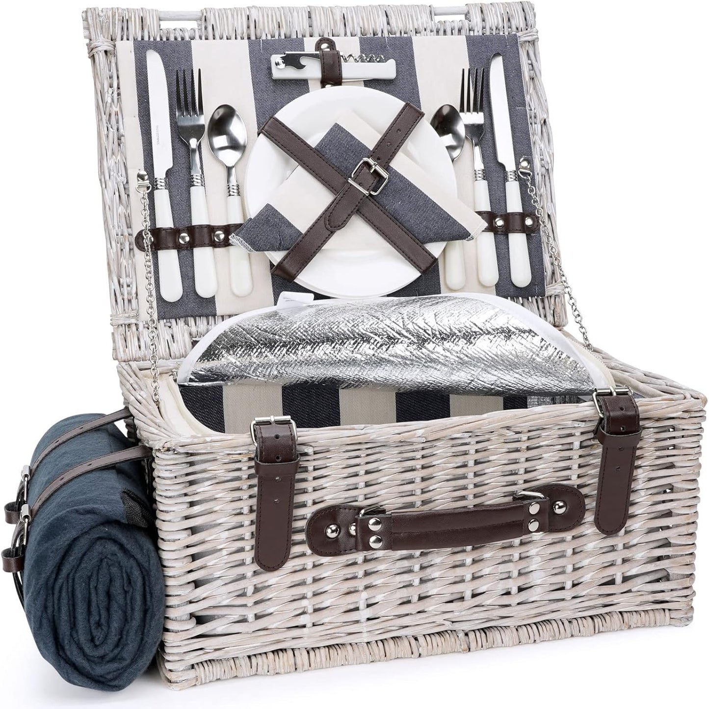 HappyPicnic Wicker Picnic Basket Set for 4 Persons | Large Willow Hamper with Large Insulated Cooler Compartment, Waterproof Blanket and Cutlery Service Kit-Classical Brown