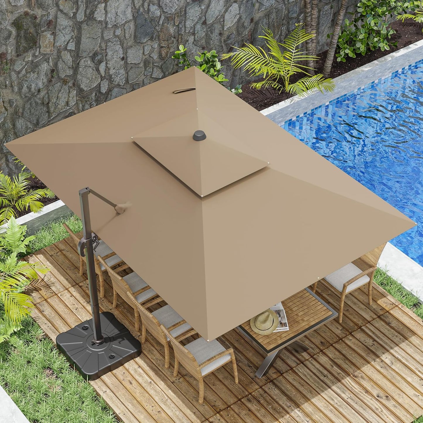 10x13FT Cantilever Outdoor Patio Umbrellas, Double Top Large Rectangle Umbrella, Heavy Duty 360° Rotation Offset Outdoor Sun Shade Umbrella for Garden Deck Pool Backyard Patio, Beige