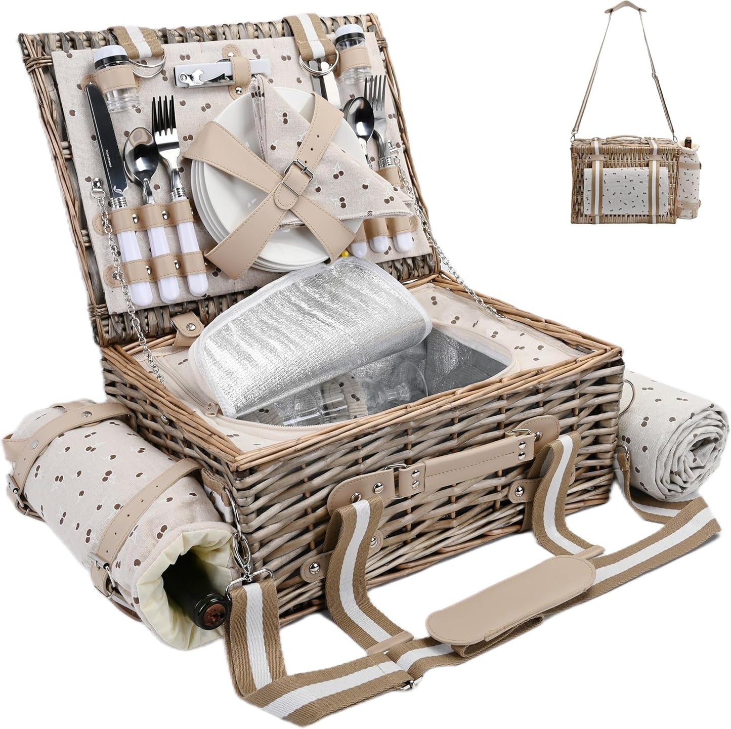 19Pcs Picnic Basket for 2 with Insulated Liner and Waterproof Picnic Blanket Wine Pouch, Large Wicker Picnic Hamper for Camping,Outdoor,Valentine Christmas for Couples
