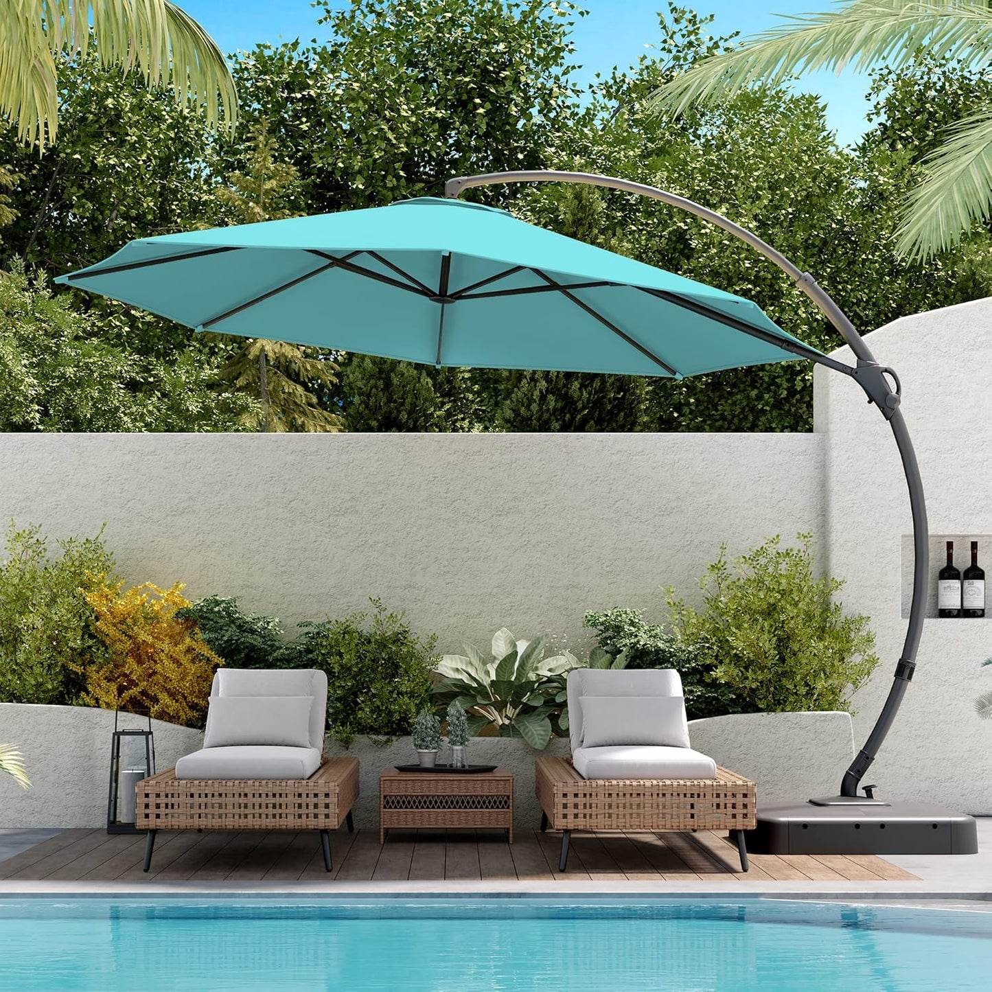 LAUSAINT HOME Deluxe Curvy Patio Umbrella with Base Included, 11ft Large Cantilever Offset Hanging Umbrella Sun Shade with 360° Rotation for Pool, Deck, Lawn, Aluminum (Turquoise Blue)