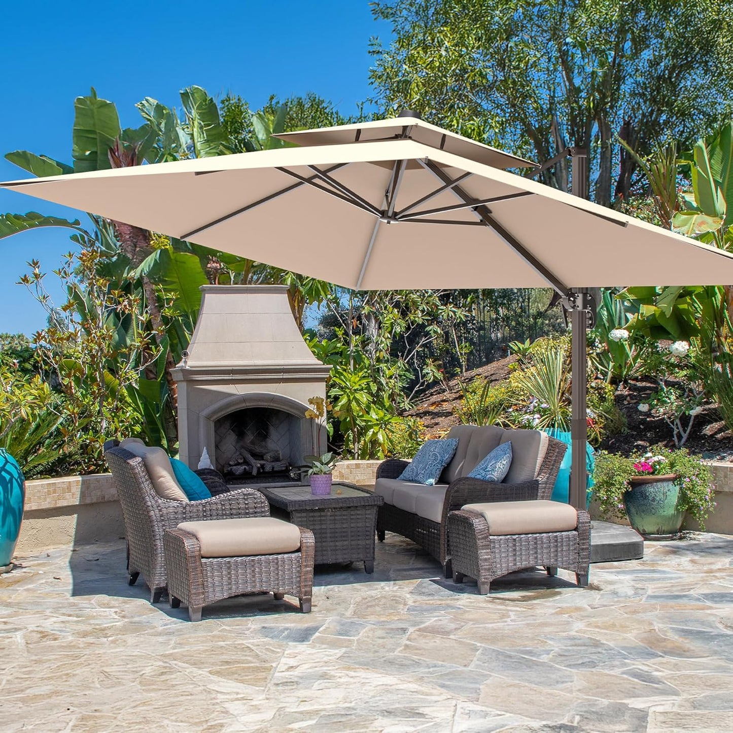 10x13FT Cantilever Outdoor Patio Umbrellas, Double Top Large Rectangle Umbrella, Heavy Duty 360° Rotation Offset Outdoor Sun Shade Umbrella for Garden Deck Pool Backyard Patio, Beige