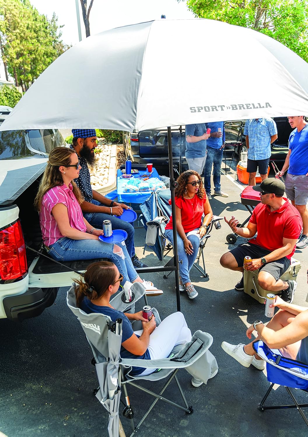 Sport-Brella Umbrella with Holder and Stand that Fits into Trailer Hitch for Tailgates, Grey