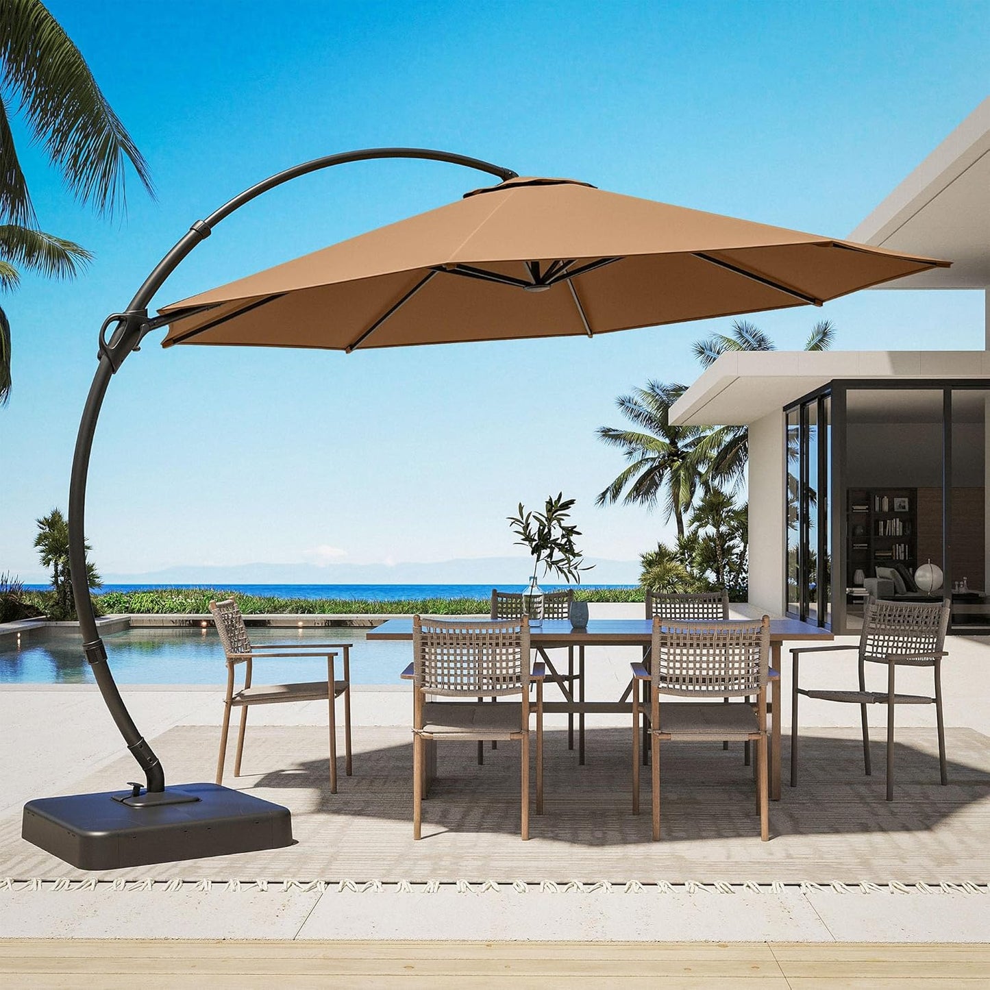 LAUSAINT HOME Deluxe Curvy Patio Umbrella with Base Included, 11ft Large Cantilever Offset Hanging Umbrella Sun Shade with 360° Rotation for Pool, Deck, Lawn, Aluminum (Turquoise Blue)