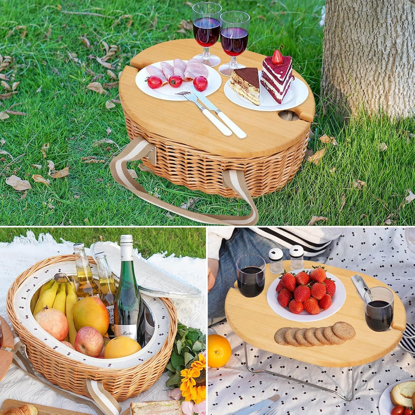 STBoo Picnic Basket for 2 - Wicker Basket Set with Wine Table | Handmade Willow Basket with Insulated Cooler Bag for Outdoor Camping, Great Gifts for Wedding, Birthday (Beige)