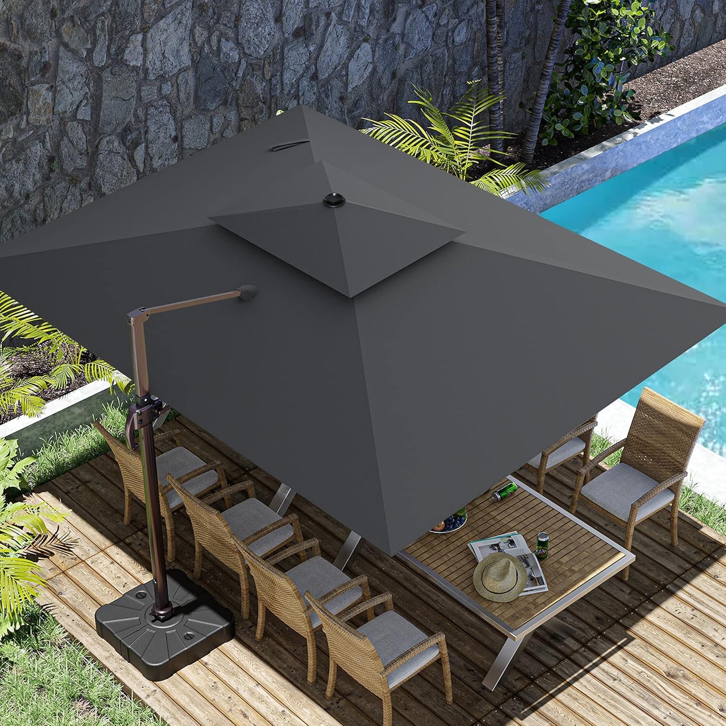 10x13FT Cantilever Outdoor Patio Umbrellas, Double Top Large Rectangle Umbrella, Heavy Duty 360° Rotation Offset Outdoor Sun Shade Umbrella for Garden Deck Pool Backyard Patio, Beige