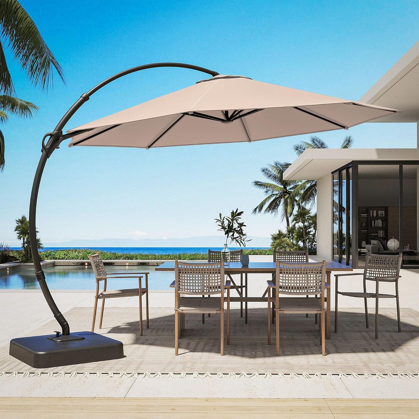 LAUSAINT HOME Deluxe Curvy Patio Umbrella with Base Included, 11ft Large Cantilever Offset Hanging Umbrella Sun Shade with 360° Rotation for Pool, Deck, Lawn, Aluminum (Turquoise Blue)