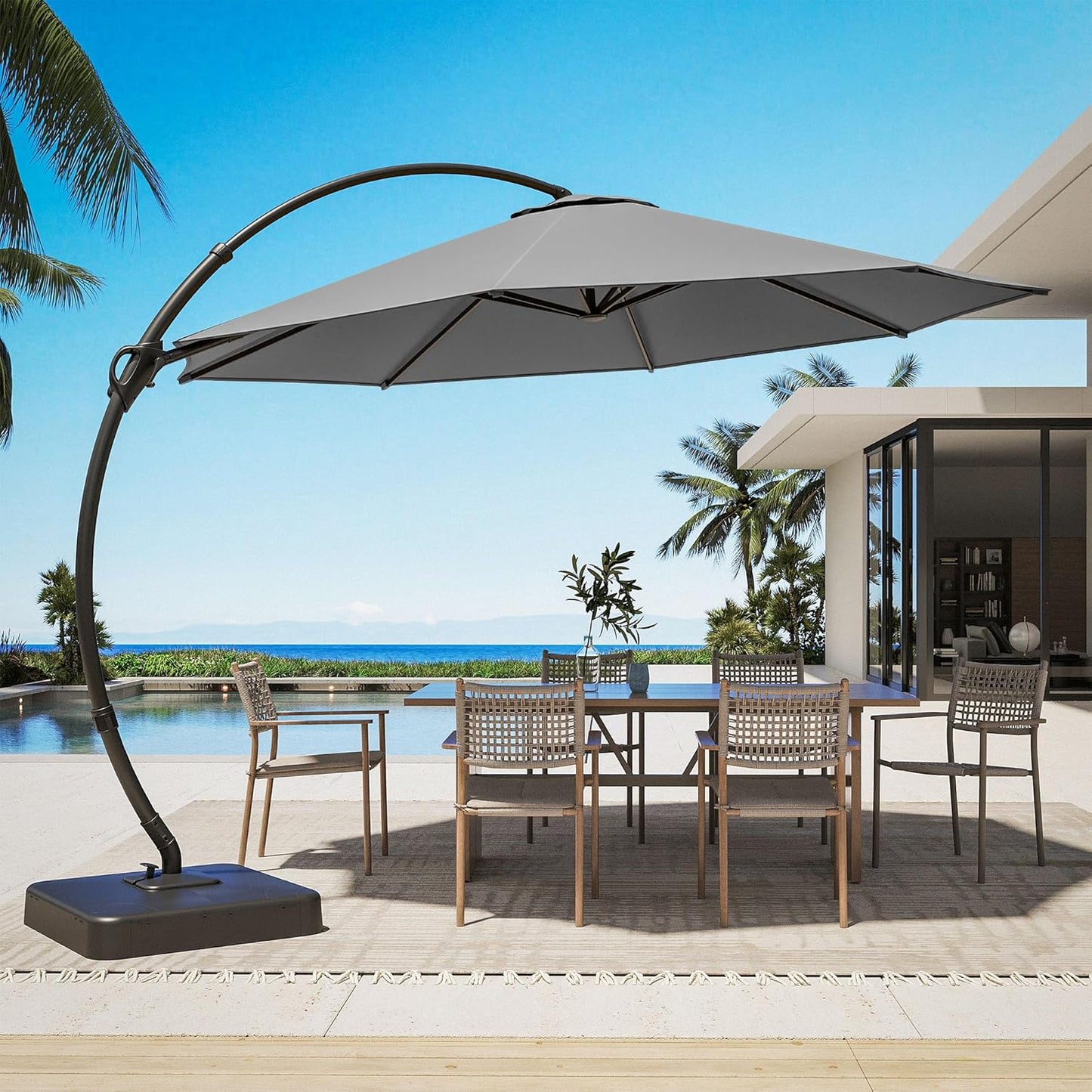 LAUSAINT HOME Deluxe Curvy Patio Umbrella with Base Included, 11ft Large Cantilever Offset Hanging Umbrella Sun Shade with 360° Rotation for Pool, Deck, Lawn, Aluminum (Turquoise Blue)