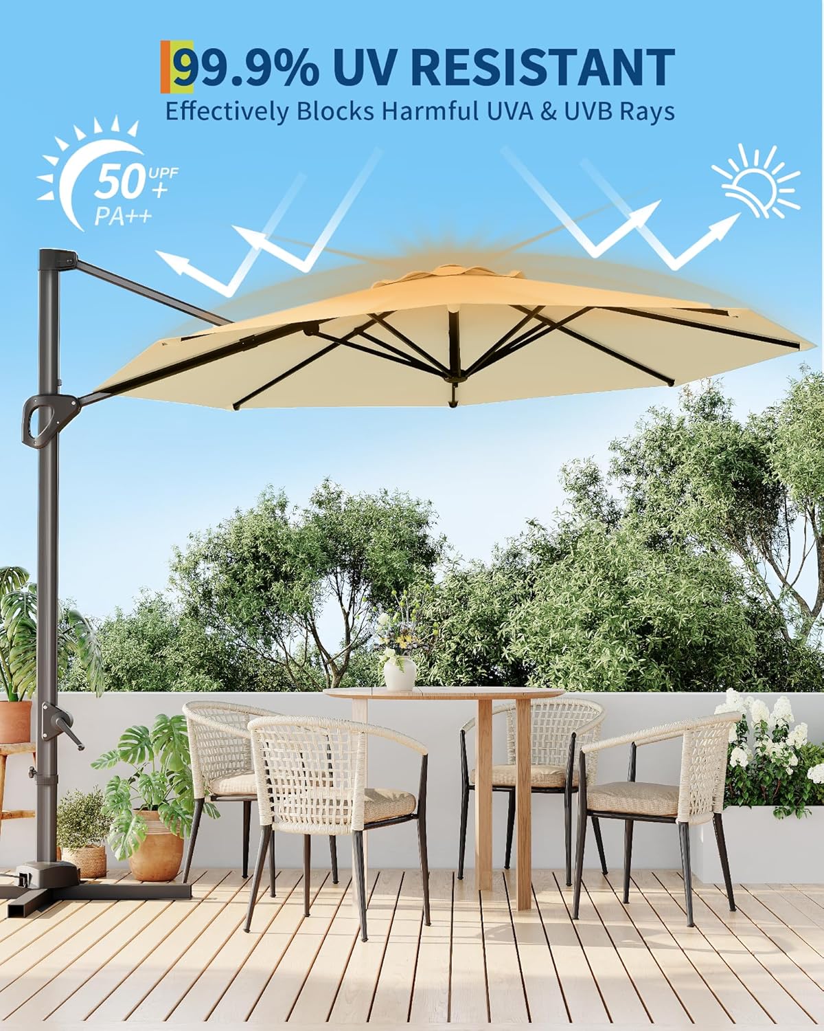 GarveeLife 10FT Cantilever Umbrella Outdoor Patio Umbrella w/Base Included Market Offset Umbrella Sun Shade Windproof with 360-Degree Rotation for Patio Garden Deck Pool, Beige