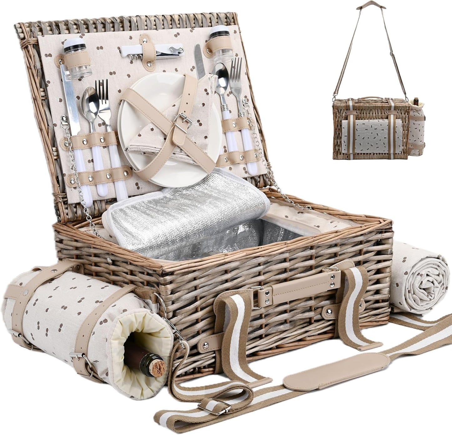 19Pcs Picnic Basket for 2 with Insulated Liner and Waterproof Picnic Blanket Wine Pouch, Large Wicker Picnic Hamper for Camping,Outdoor,Valentine Christmas for Couples