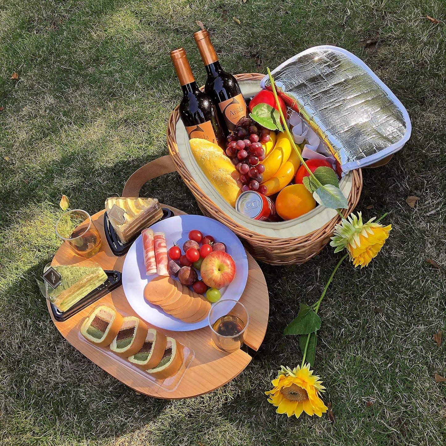 Hap Tim Wicker Picnic Basket Set for 2 with Mini Folding Wine Picnic Table & Large Insulated Cooler Bag & Cutlery Service Kits for 2 Person, Couples Gifts, Wedding Gifts (Y2209-2-CM)