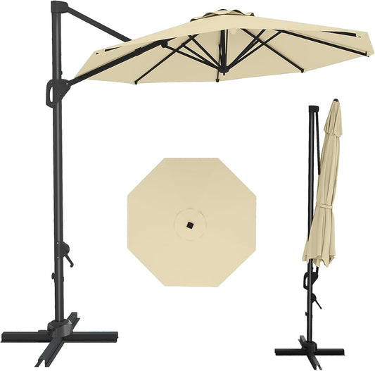 GarveeLife 10FT Cantilever Umbrella Outdoor Patio Umbrella w/Base Included Market Offset Umbrella Sun Shade Windproof with 360-Degree Rotation for Patio Garden Deck Pool, Beige