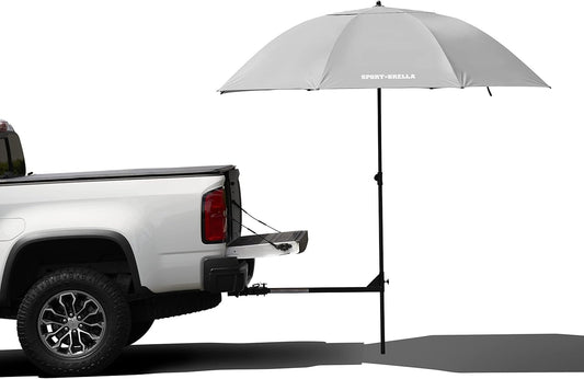 Sport-Brella Umbrella with Holder and Stand that Fits into Trailer Hitch for Tailgates, Grey