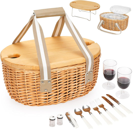 STBoo Picnic Basket for 2 - Wicker Basket Set with Wine Table | Handmade Willow Basket with Insulated Cooler Bag for Outdoor Camping, Great Gifts for Wedding, Birthday (Beige)