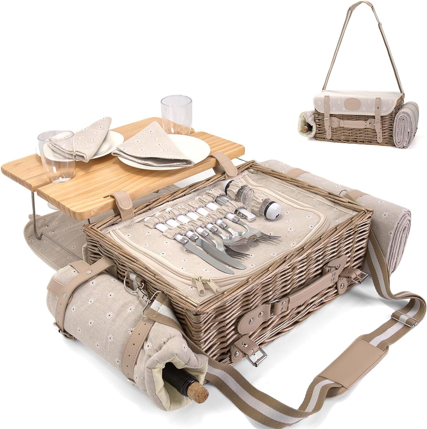 Multifunctional Wicker Picnic Basket Set for 4 with Blanket and Picnic Table, Insulated Picnic Set with Full Tablewares for Camping Outdoor Couples, Flowers