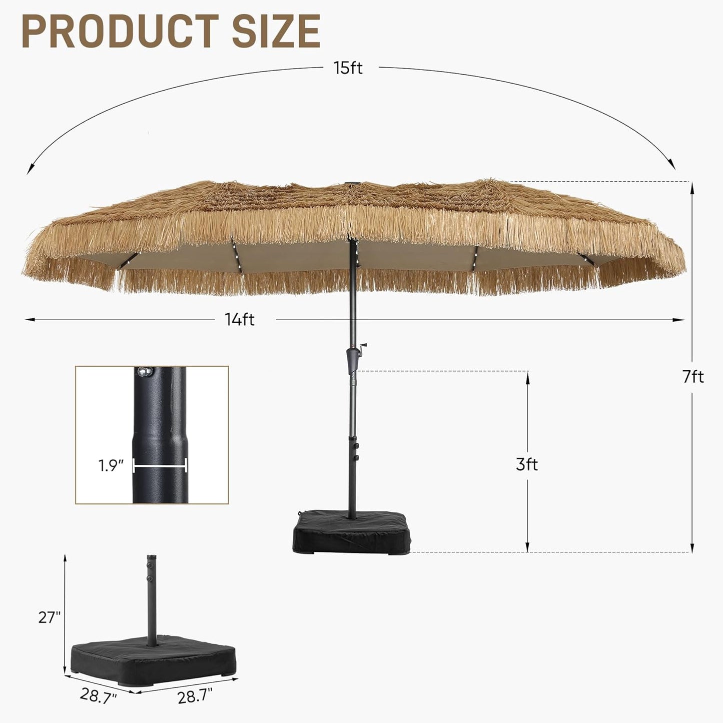 15FT Thatch Umbrella Tiki Bench umbrella With Base&Solar Lights, Sunshade Umbrella with Water-resistant for Bench, Patio,Pool