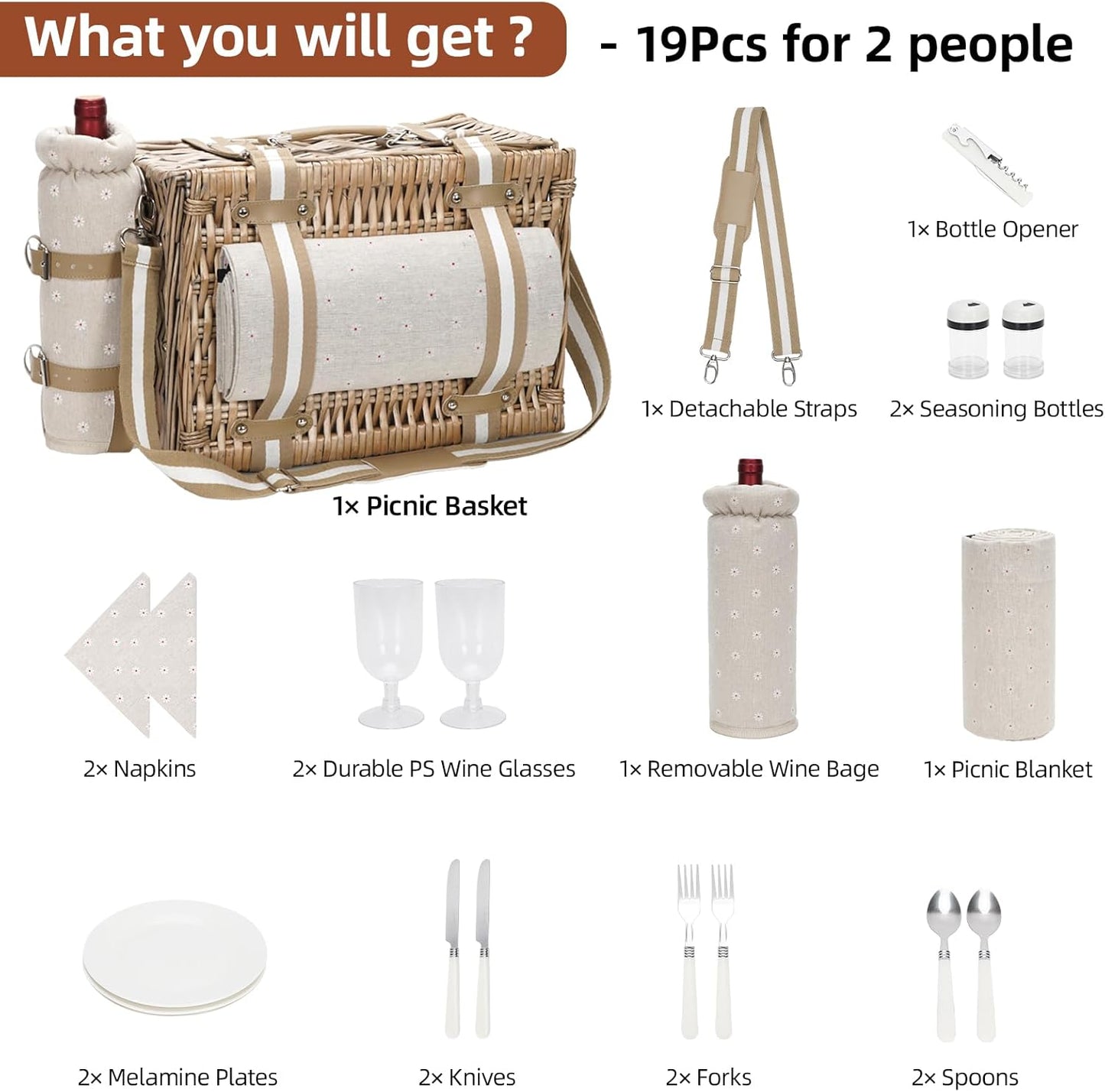 G GOOD GAIN Picnic Basket for 2-19Pcs Wicker Picnic Set with Waterproof Blanket & Wine Bag| Large Picnic Hamper with Insulated Cooler & Cutlery Kit for Couples Camping,White Flower