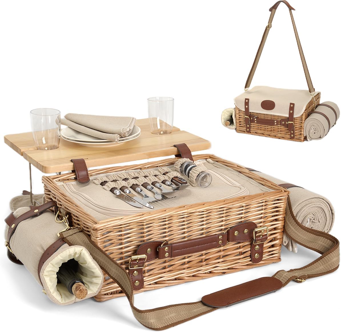 Multifunctional Wicker Picnic Basket Set for 4 with Blanket and Picnic Table, Insulated Picnic Set with Full Tablewares for Camping Outdoor Couples, Flowers