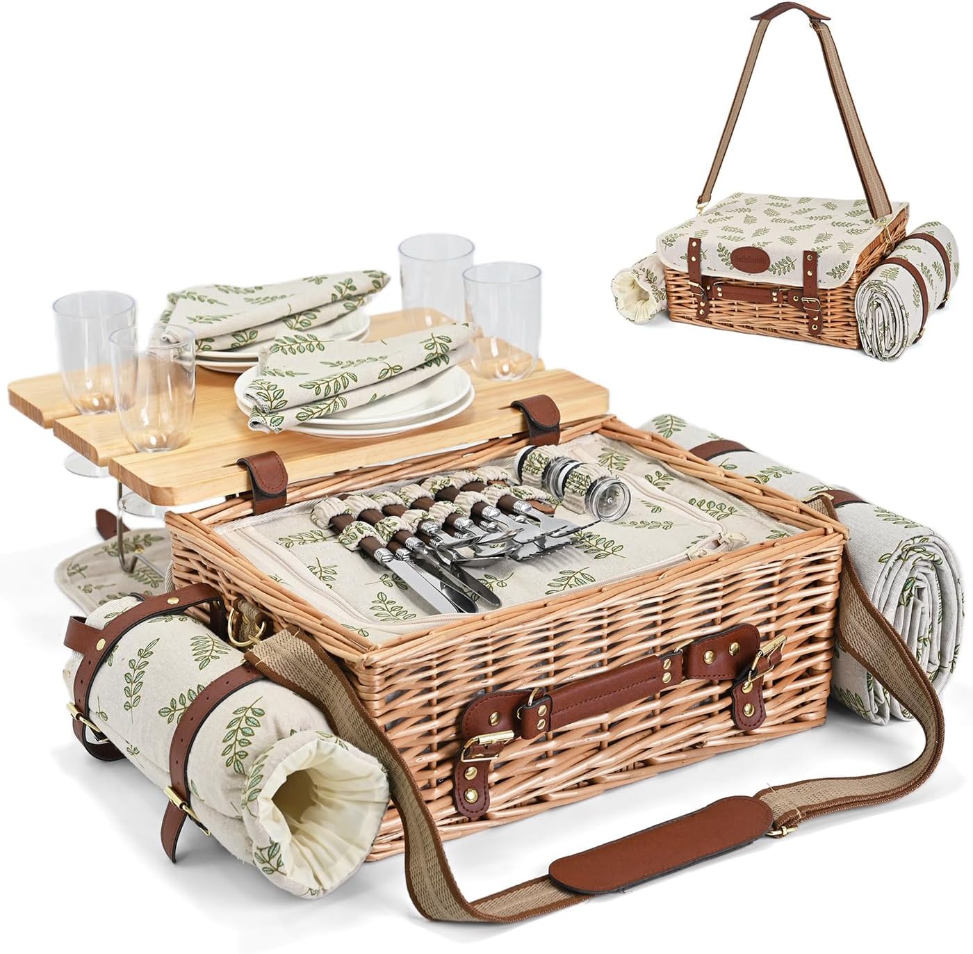 Multifunctional Wicker Picnic Basket Set for 4 with Blanket and Picnic Table, Insulated Picnic Set with Full Tablewares for Camping Outdoor Couples, Flowers