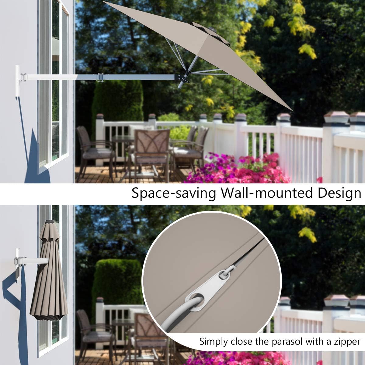 Tangkula 8 FT Wall Mounted Patio Umbrella, Outdoor Wall Umbrella with Adjustable Pole, Tilting Sunshade Umbrella with Wind Vent, Ideal for Garden Balcony Yard (Tan)