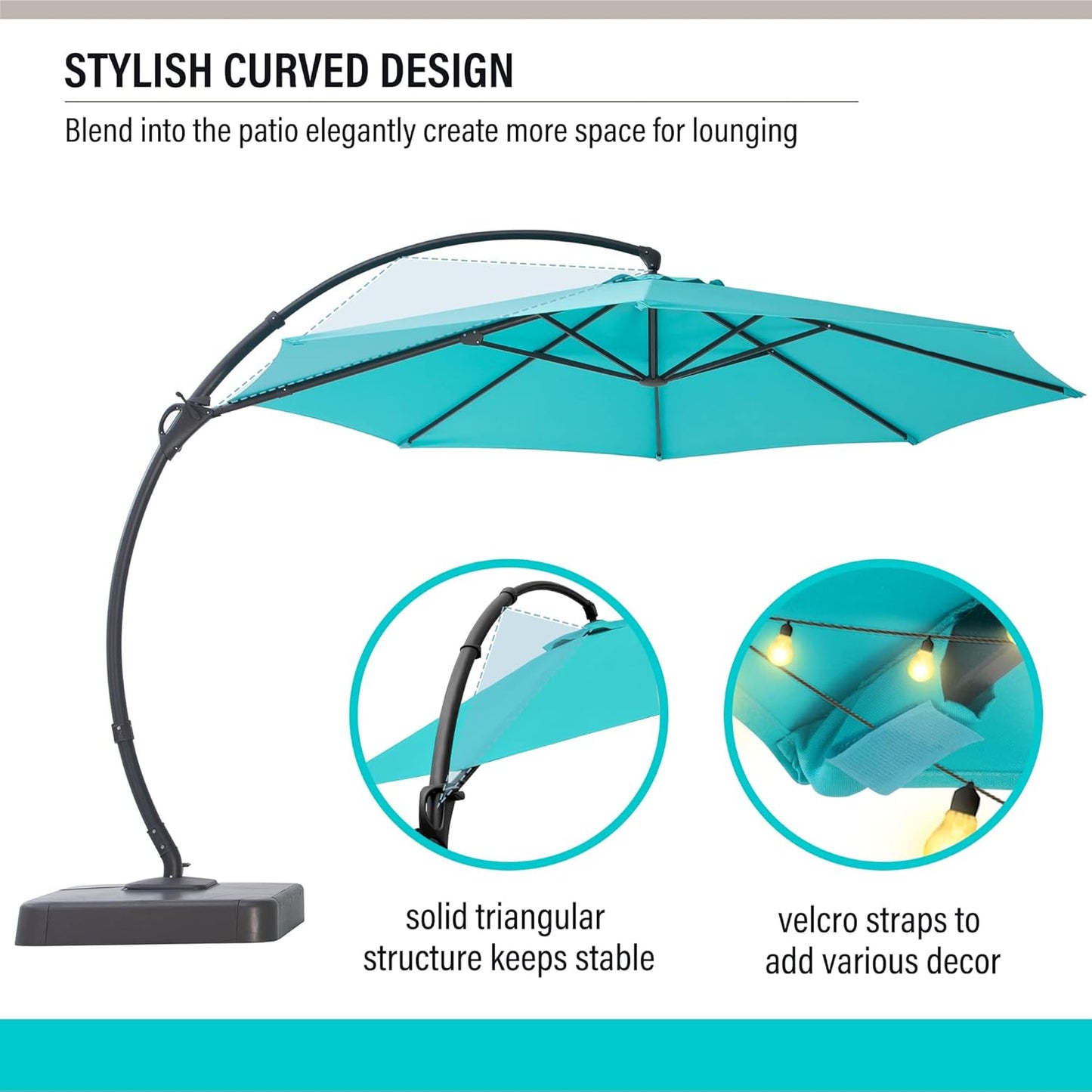 LAUSAINT HOME Deluxe Curvy Patio Umbrella with Base Included, 11ft Large Cantilever Offset Hanging Umbrella Sun Shade with 360° Rotation for Pool, Deck, Lawn, Aluminum (Turquoise Blue)
