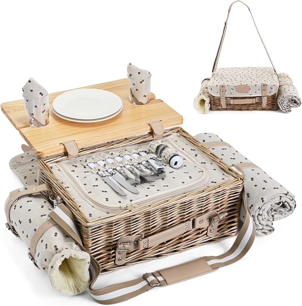 Multifunctional Wicker Picnic Basket Set for 4 with Blanket and Picnic Table, Insulated Picnic Set with Full Tablewares for Camping Outdoor Couples, Flowers