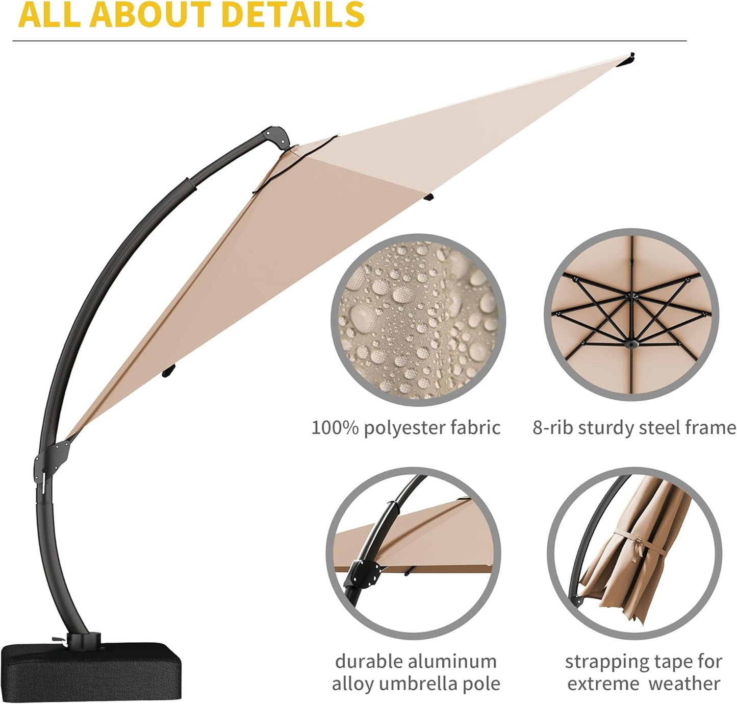Kingdura 11ft Cantilever Patio Umbrella with Base Included, Large Round Offset Outdoor Pool Umbrella, 360° Rotation & Infinite Tilt, Heavy Duty Aluminum Frame for Deck Backyard, Beige