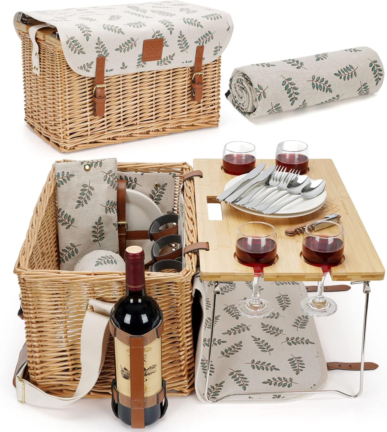 Wicker Picnic Basket for 4, 4 Person Picnic Kit, Willow Hamper Service Gift Set with Blanket Portable Bamboo Wine Snack Table for Camping and Outdoor Party