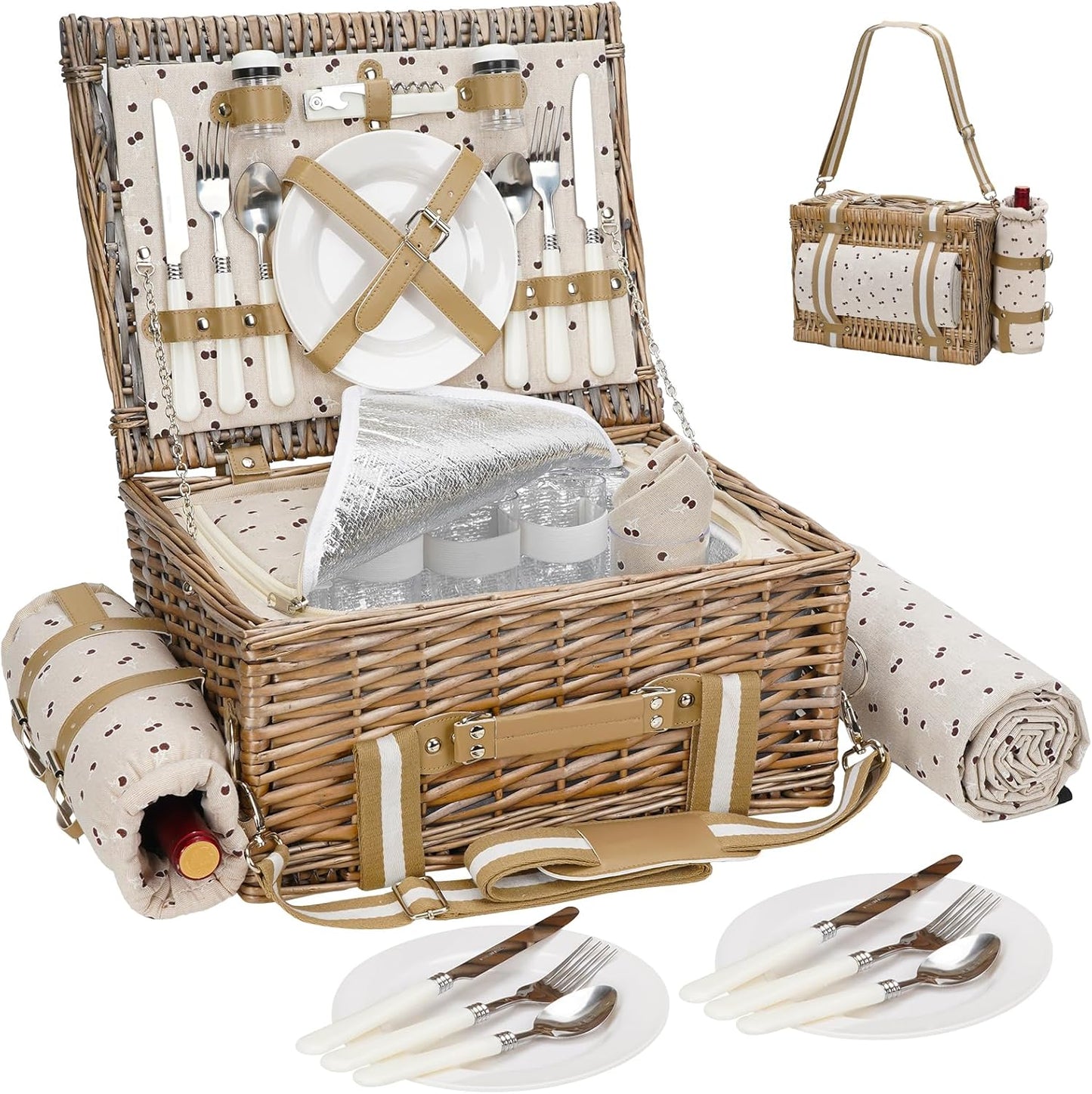G GOOD GAIN Picnic Basket for 2-19Pcs Wicker Picnic Set with Waterproof Blanket & Wine Bag| Large Picnic Hamper with Insulated Cooler & Cutlery Kit for Couples Camping,White Flower